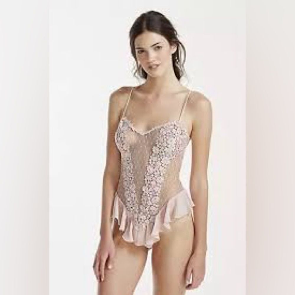 Flora Nikooz Showstopper Sheer Lace and ruffle teddy Blush and silver medium